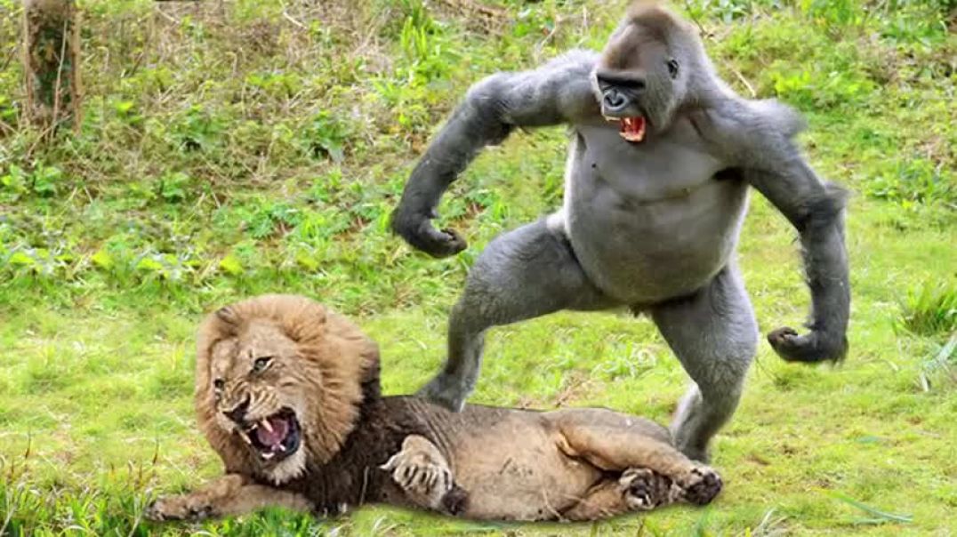 ⁣Lions Hunt Baby Gorilla, Herd Gorilla Panic Carry  Baby On His Back Run Away, Baboon vs Wild Dogs